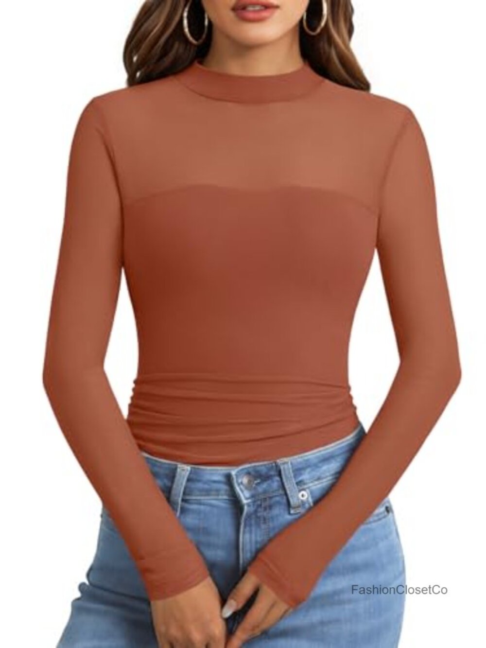Lace Mesh Sheer Shirt Mock Turtleneck Long Sleeve Going Out Top - Picture 2 of 7